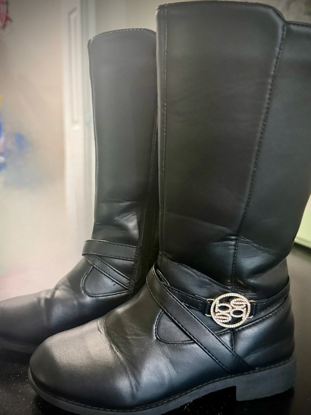 Girls Bebe Black Mid-Calf Boots with Rhinestone Buckle - Size 12 EUC